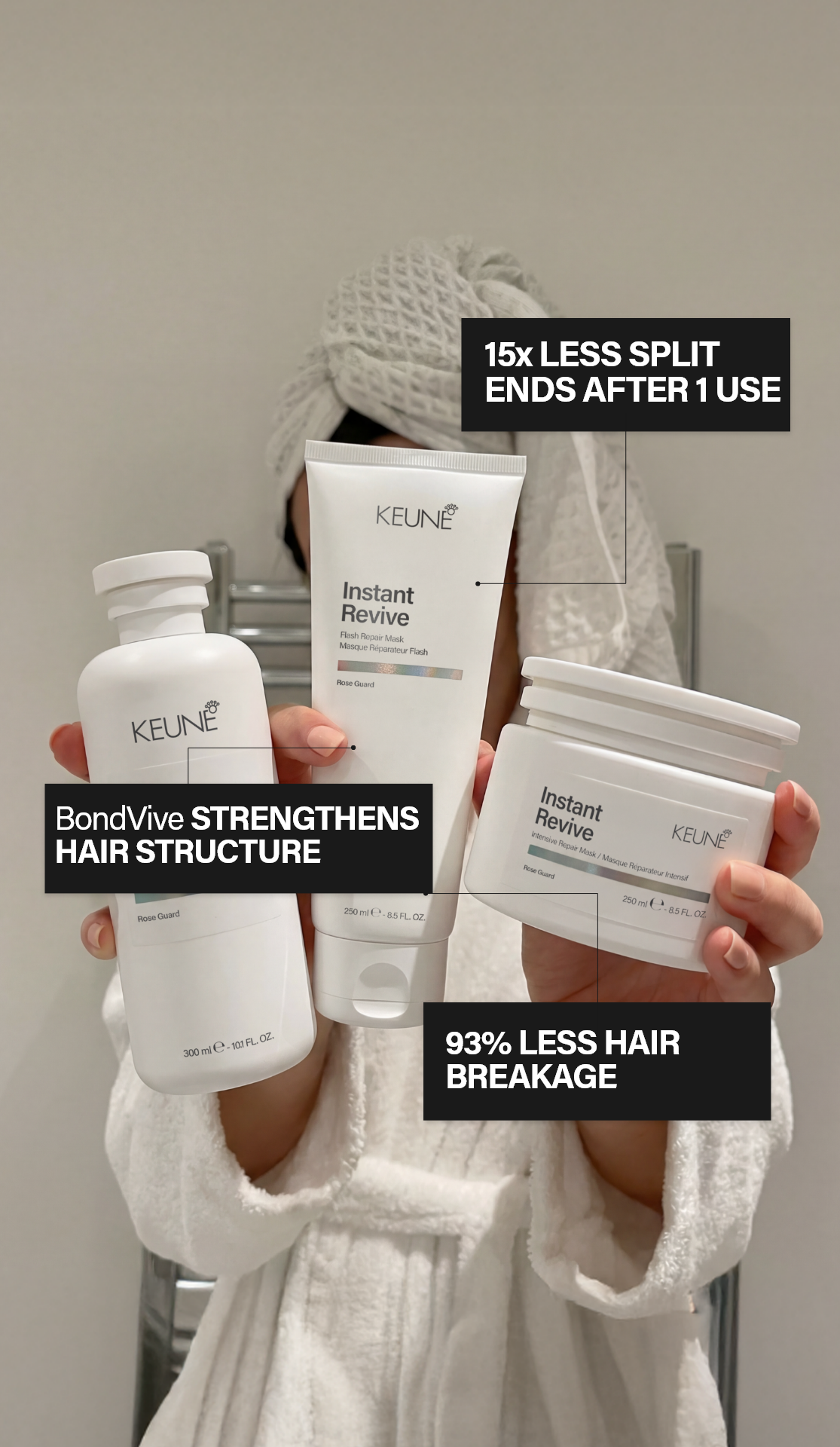 Keune Instant Revive Shampoo for strong hair, repair of damaged hair, and Bond Repair