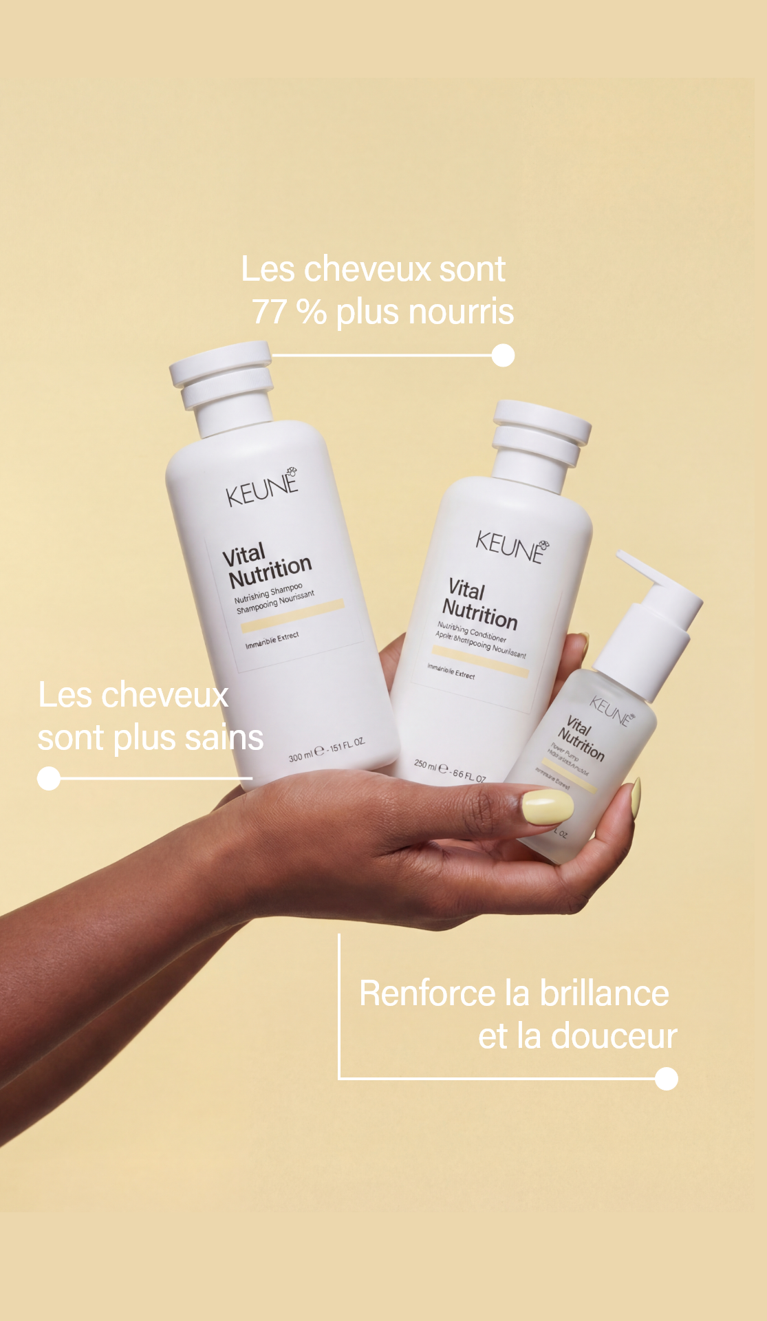 Idéale pour les cheveux secs, ternes et abîmés, le Vital Nutrition Mask lisse, renforce et apporte de la brillance. Disponible sur keune.ch.